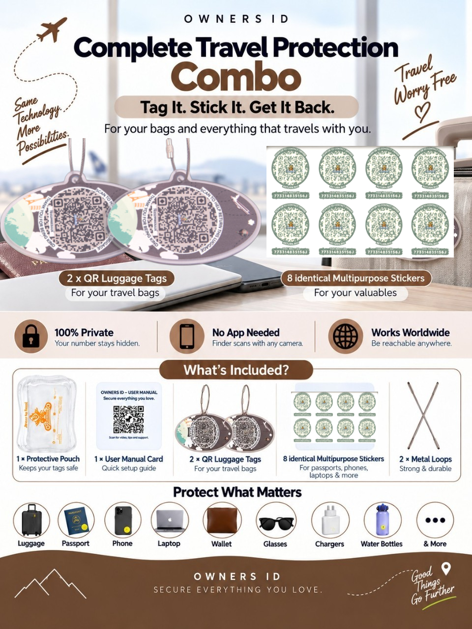Travel Protection Combo (Solo) - Brown Luggage Tag + 8 Identical Multipurpose Sticker
