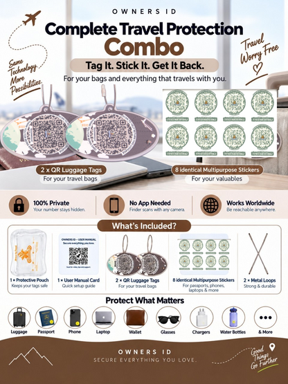 Travel Protection Combo (Solo) - Brown Luggage Tag + 8 Identical Multipurpose Sticker