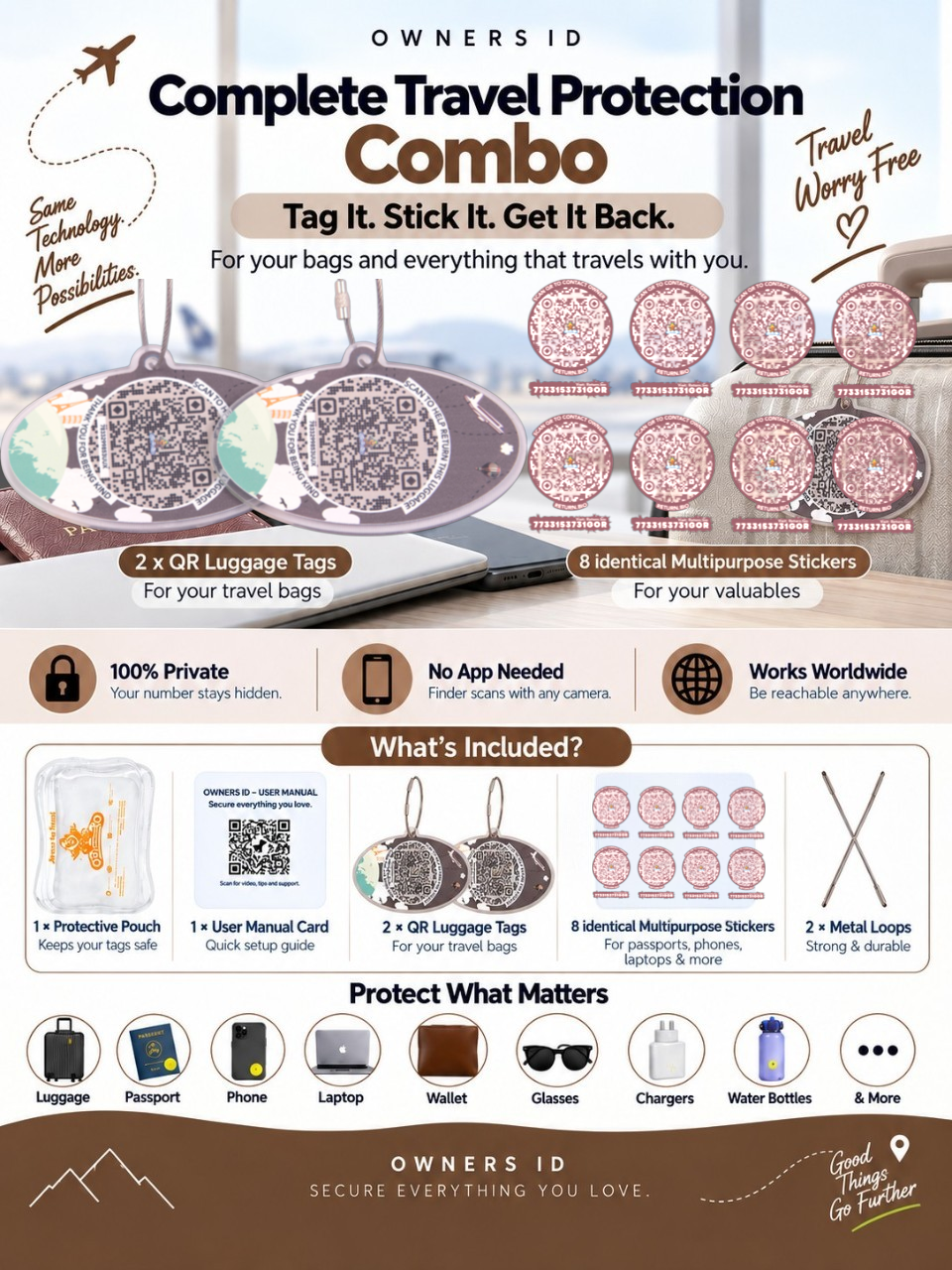 Travel Protection Combo (Solo) - Brown Luggage Tag + 8 Identical Multipurpose Sticker