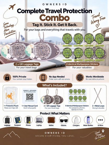 Travel Protection Combo (Solo) - Brown Luggage Tag + 8 Identical Multipurpose Sticker