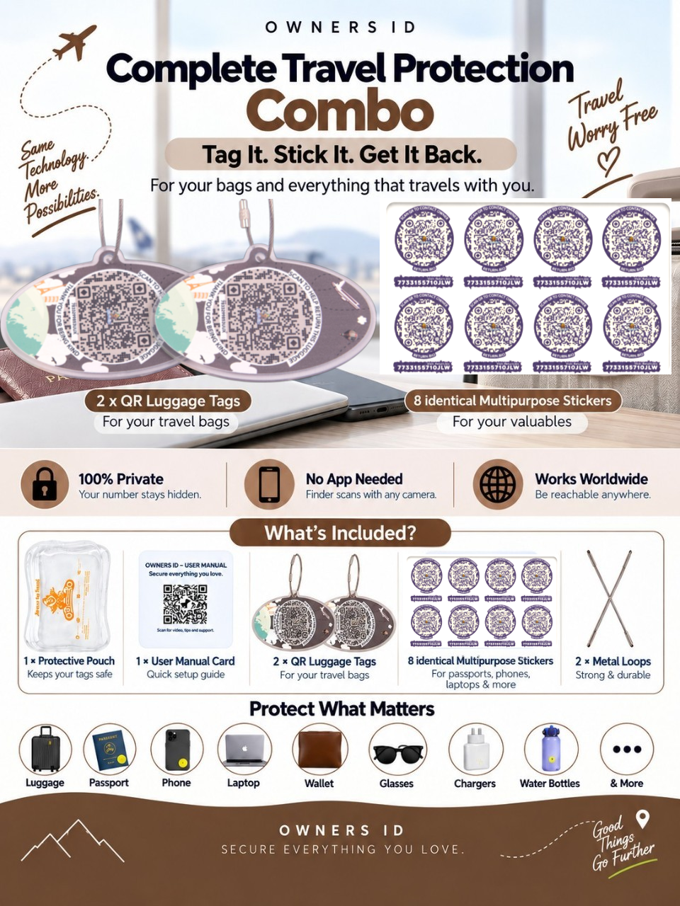 Travel Protection Combo (Solo) - Brown Luggage Tag + 8 Identical Multipurpose Sticker