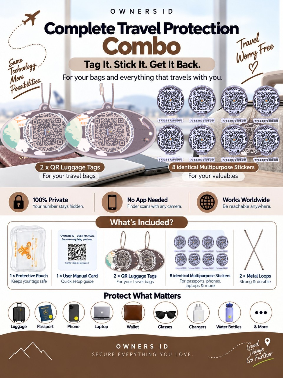 Travel Protection Combo (Solo) - Brown Luggage Tag + 8 Identical Multipurpose Sticker