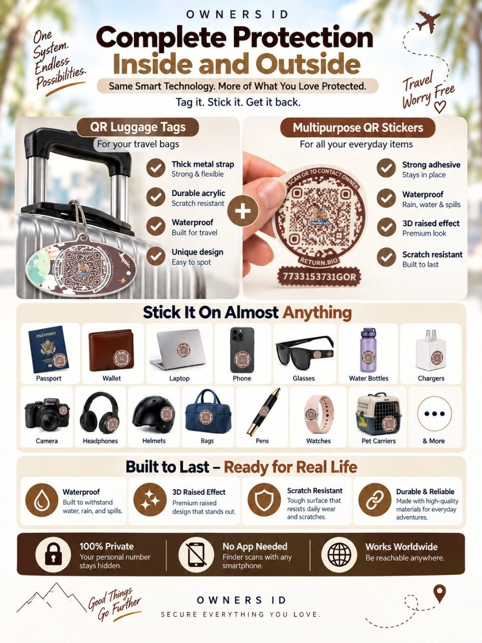 Travel Protection Combo (Solo) - Brown Luggage Tag + 8 Identical Multipurpose Sticker