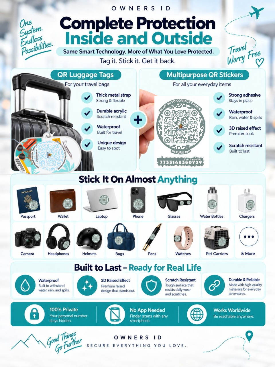 Travel Protection Combo (Solo) - Teal Luggage Tag + 8 Identical Multipurpose Sticker