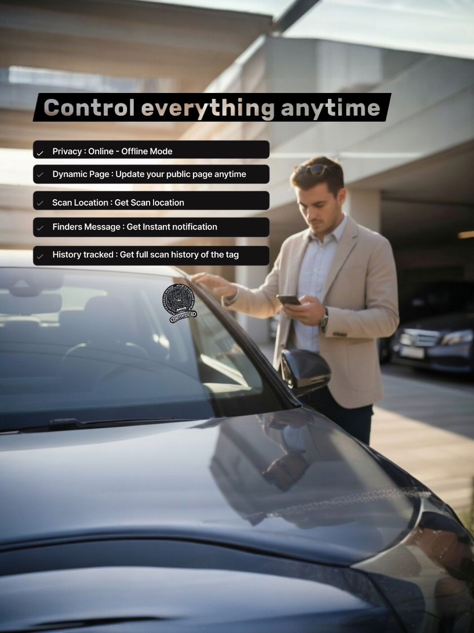 Smart Owners ID QR Car Sticker - Stealth Design (Inside Windshield) | Double-Sided QR Code | Scan to Contact Owner Without Phone Number | Emergency Contact number Sticker & Vehicle Info Tag