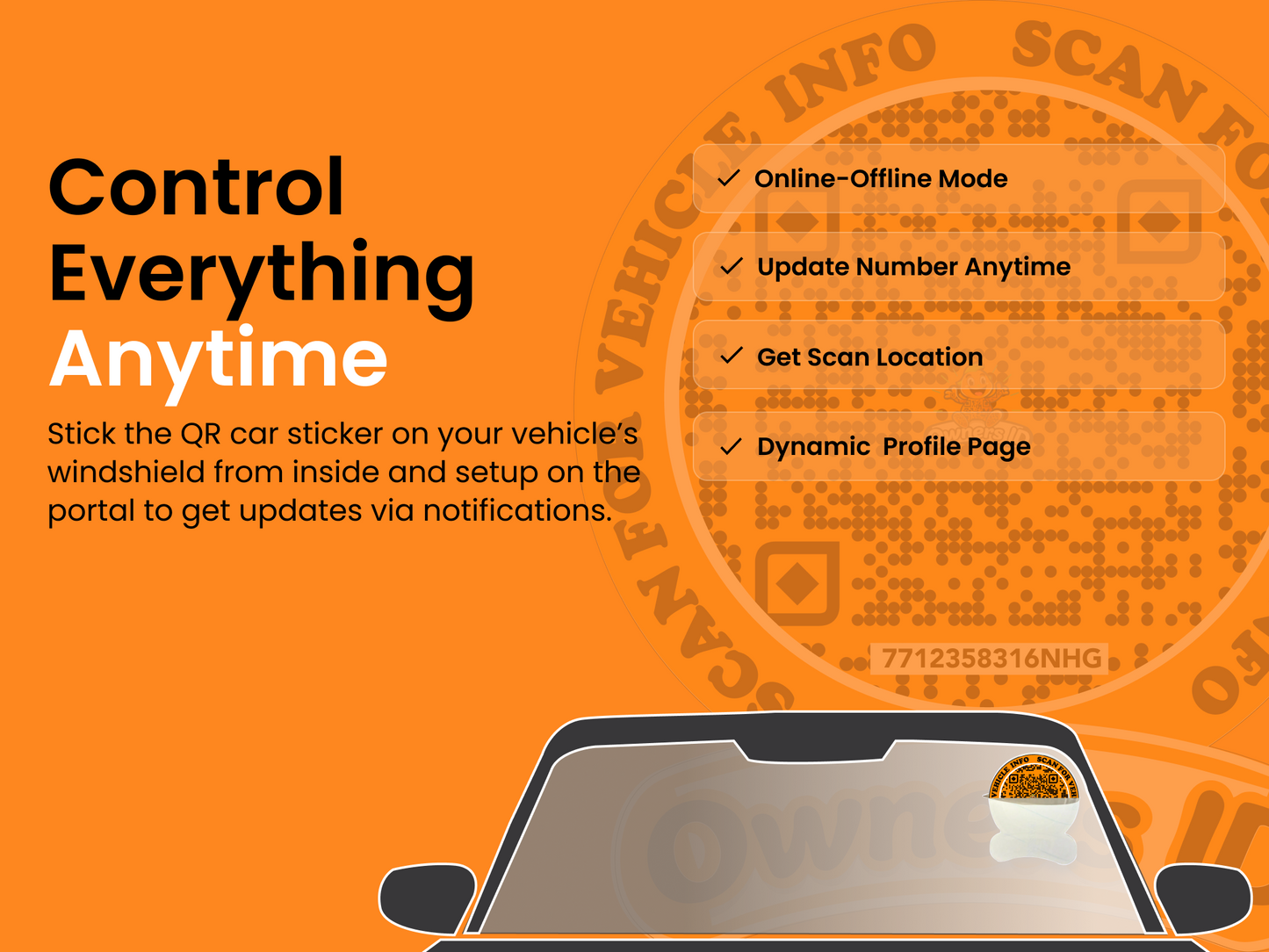 Smart Owners ID QR Car Sticker - Playful Design - Orange (Inside Windshield) | Double-Sided QR Code | Scan to Contact Owner Without Phone Number | Emergency Contact & Vehicle Info Tag