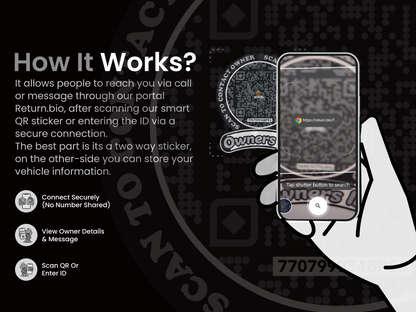 Smart Owners ID QR Car Sticker - Stealth Design (Inside Windshield) | Double-Sided QR Code | Scan to Contact Owner Without Phone Number | Emergency Contact & Vehicle Info Tag