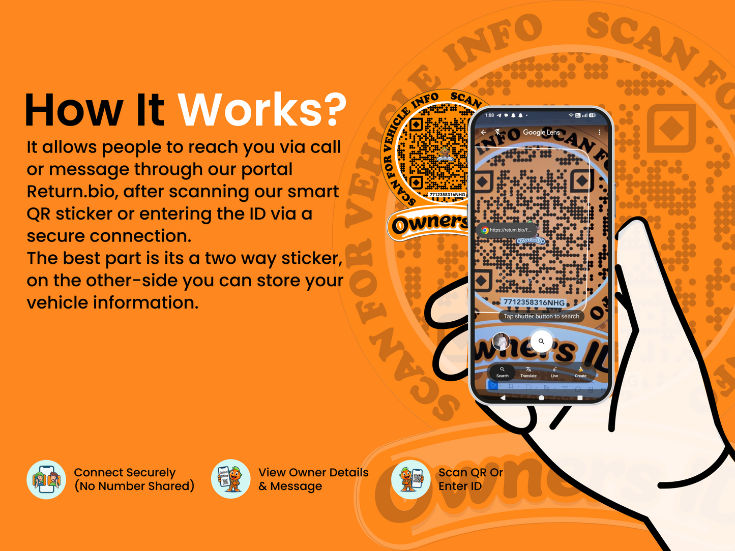 Smart Owners ID QR Car Sticker - Playful Design - Orange (Inside Windshield) | Double-Sided QR Code | Scan to Contact Owner Without Phone Number | Emergency Contact & Vehicle Info Tag