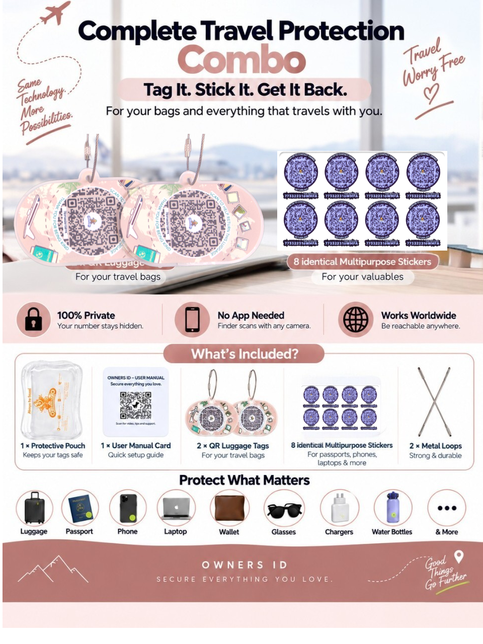 Travel Protection Combo (Solo) - Peach Luggage Tag + 8 Identical Multipurpose Sticker