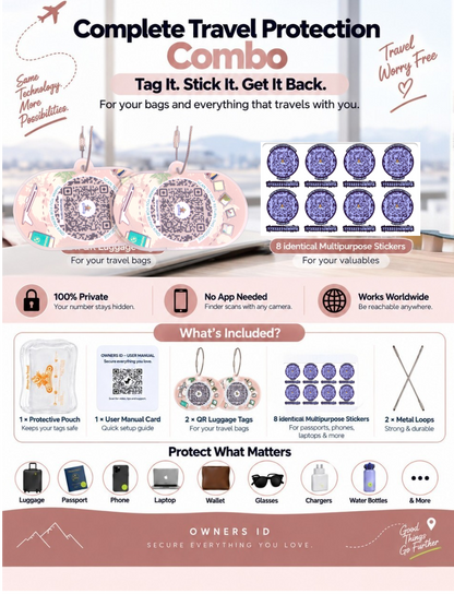 Travel Protection Combo (Solo) - Peach Luggage Tag + 8 Identical Multipurpose Sticker