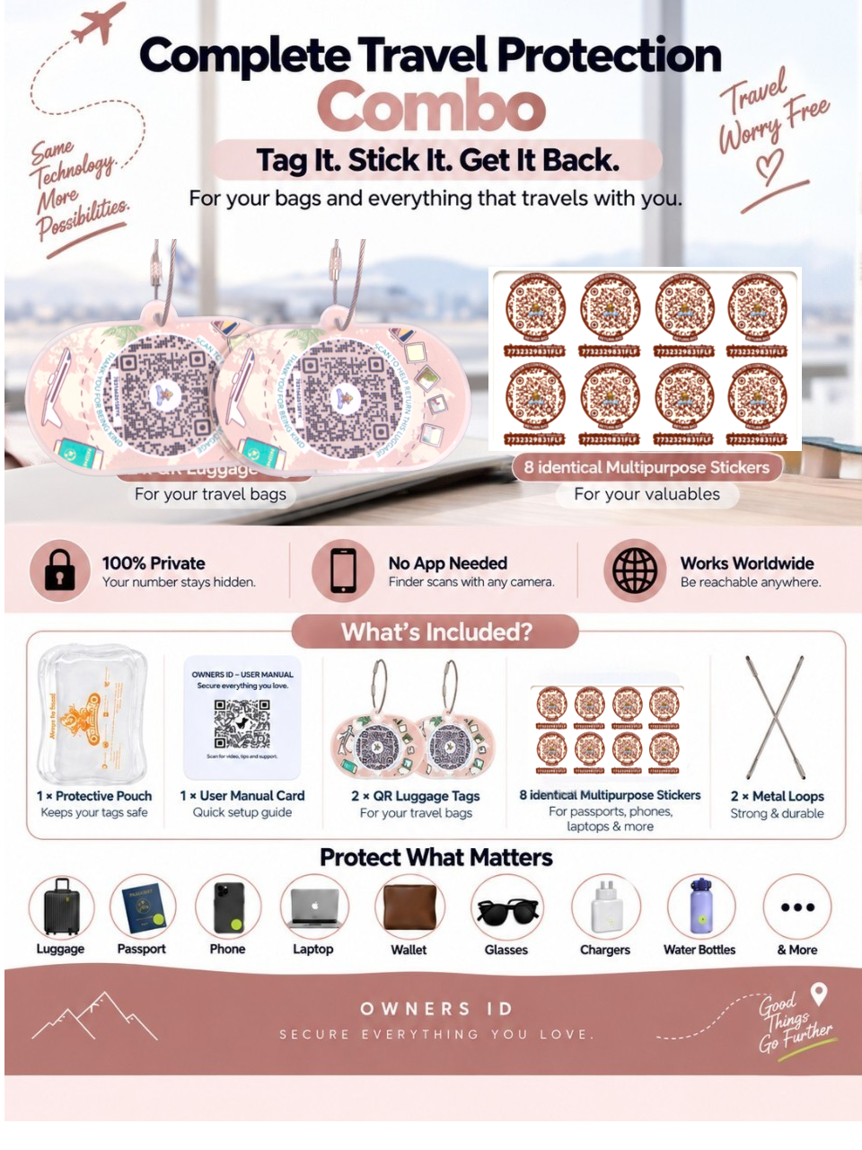 Travel Protection Combo (Solo) - Peach Luggage Tag + 8 Identical Multipurpose Sticker