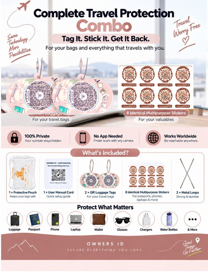 Travel Protection Combo (Solo) - Peach Luggage Tag + 8 Identical Multipurpose Sticker