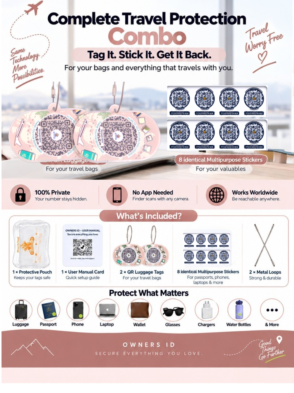 Travel Protection Combo (Solo) - Peach Luggage Tag + 8 Identical Multipurpose Sticker