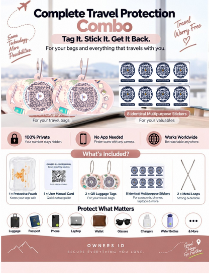 Travel Protection Combo (Solo) - Peach Luggage Tag + 8 Identical Multipurpose Sticker