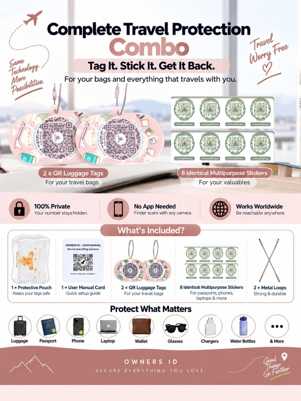 Travel Protection Combo (Solo) - Peach Luggage Tag + 8 Identical Multipurpose Sticker