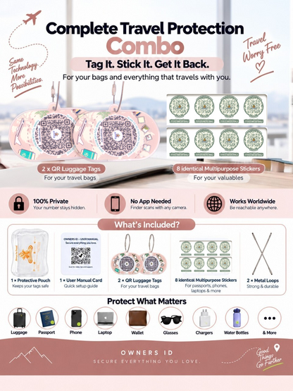 Travel Protection Combo (Solo) - Peach Luggage Tag + 8 Identical Multipurpose Sticker