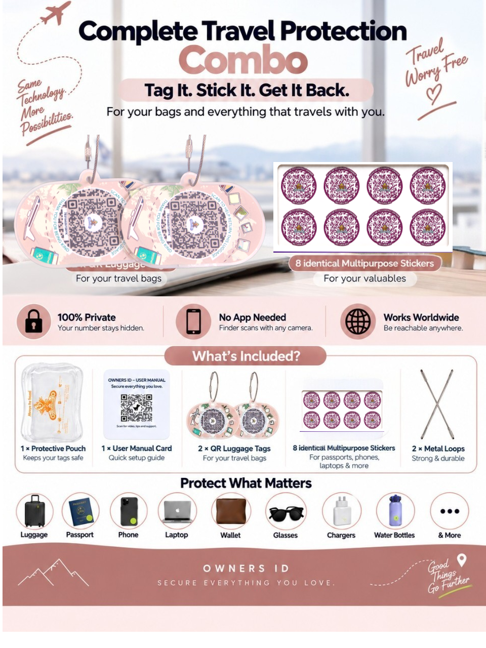 Travel Protection Combo (Solo) - Peach Luggage Tag + 8 Identical Multipurpose Sticker
