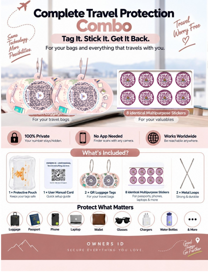 Travel Protection Combo (Solo) - Peach Luggage Tag + 8 Identical Multipurpose Sticker