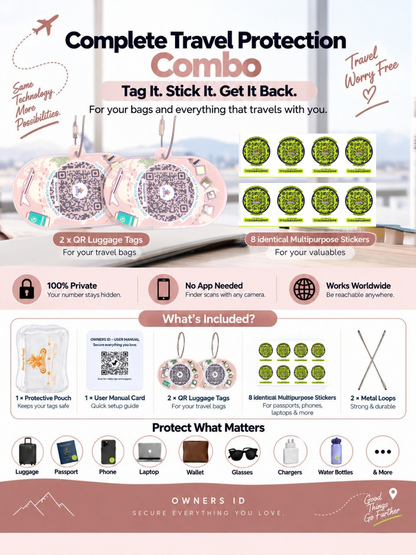 Travel Protection Combo (Solo) - Peach Luggage Tag + 8 Identical Multipurpose Sticker