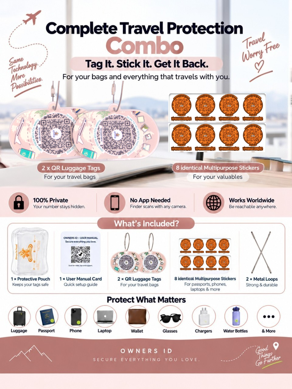 Travel Protection Combo (Solo) - Peach Luggage Tag + 8 Identical Multipurpose Sticker
