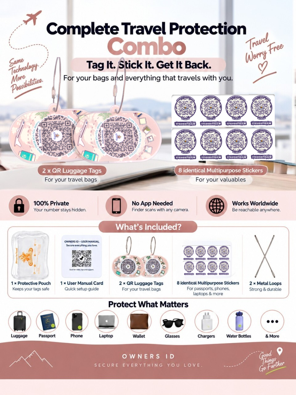 Travel Protection Combo (Solo) - Peach Luggage Tag + 8 Identical Multipurpose Sticker