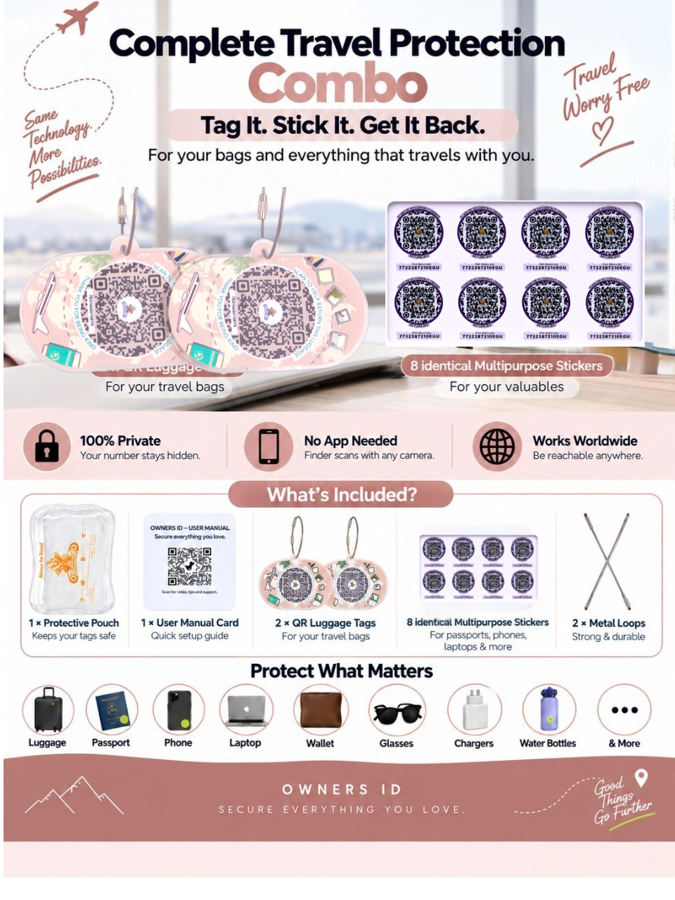 Travel Protection Combo (Solo) - Peach Luggage Tag + 8 Identical Multipurpose Sticker