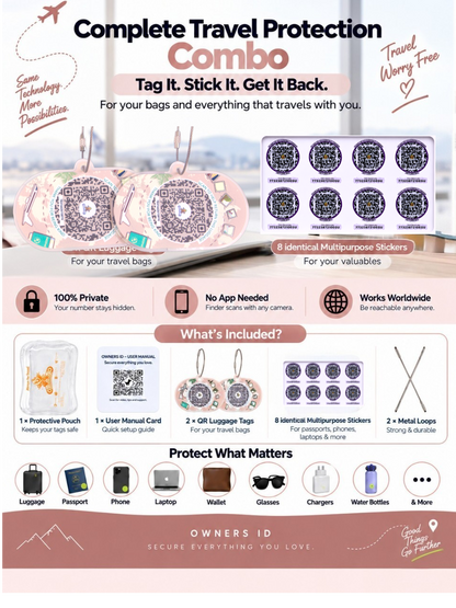 Travel Protection Combo (Solo) - Peach Luggage Tag + 8 Identical Multipurpose Sticker