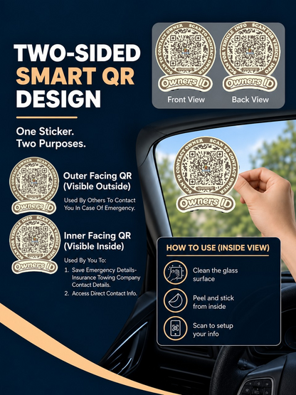 Smart Owners ID QR Car Sticker - Cookie Cream Design (Inside Windshield) | Double-Sided QR Code | Scan to Contact Owner Without Phone Number | Emergency Contact number Sticker & Vehicle Info Tag