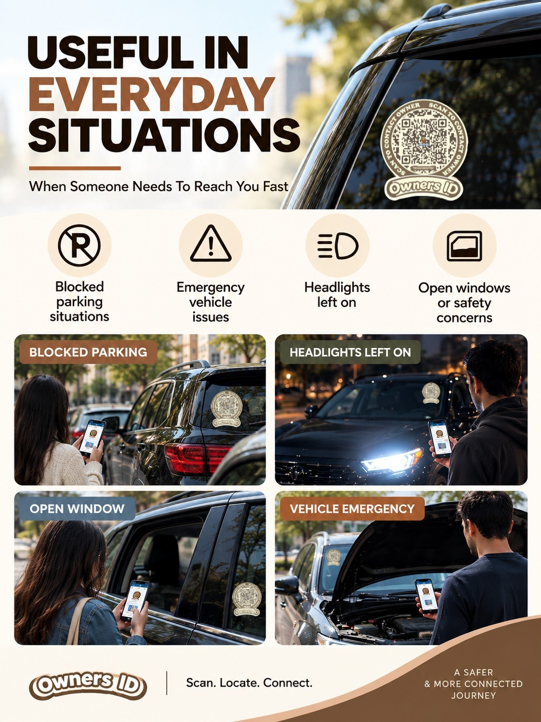 Smart Owners ID QR Car Sticker - Cookie Cream Design (Inside Windshield) | Double-Sided QR Code | Scan to Contact Owner Without Phone Number | Emergency Contact number Sticker & Vehicle Info Tag