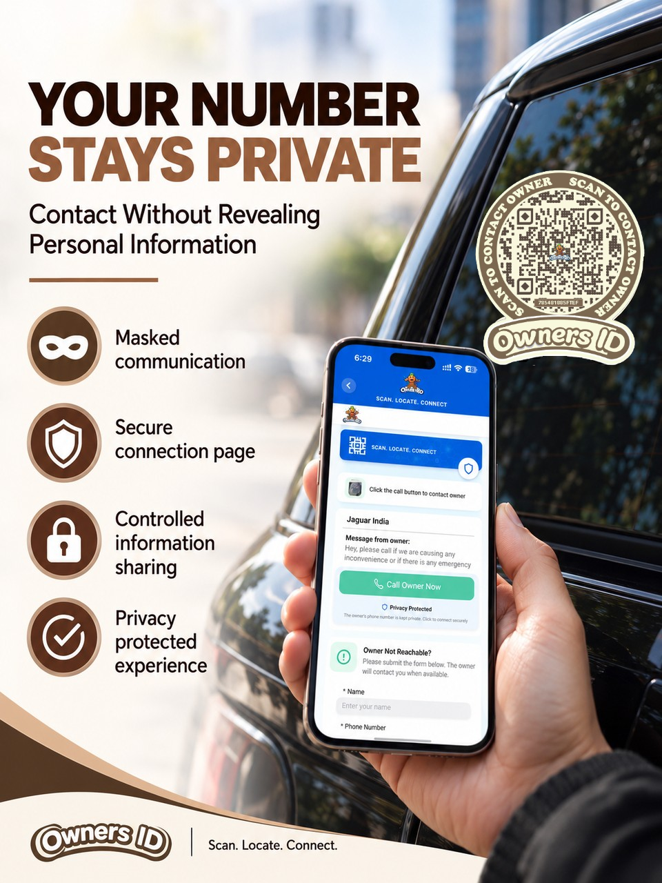 Smart Owners ID QR Car Sticker - Cookie Cream Design (Inside Windshield) | Double-Sided QR Code | Scan to Contact Owner Without Phone Number | Emergency Contact number Sticker & Vehicle Info Tag