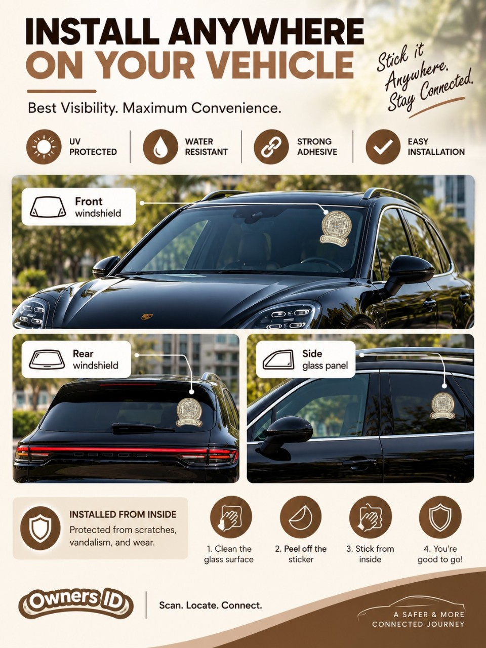 Smart Owners ID QR Car Sticker - Cookie Cream Design (Inside Windshield) | Double-Sided QR Code | Scan to Contact Owner Without Phone Number | Emergency Contact number Sticker & Vehicle Info Tag