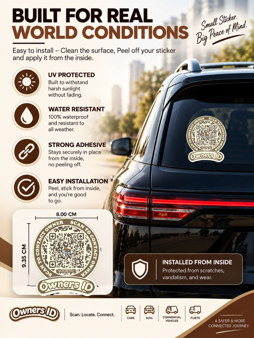 Smart Owners ID QR Car Sticker - Cookie Cream Design (Inside Windshield) | Double-Sided QR Code | Scan to Contact Owner Without Phone Number | Emergency Contact number Sticker & Vehicle Info Tag