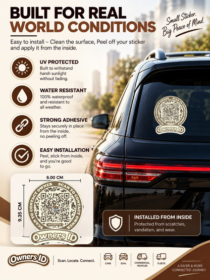 Smart Owners ID QR Car Sticker - Cookie Cream Design (Inside Windshield) | Double-Sided QR Code | Scan to Contact Owner Without Phone Number | Emergency Contact number Sticker & Vehicle Info Tag
