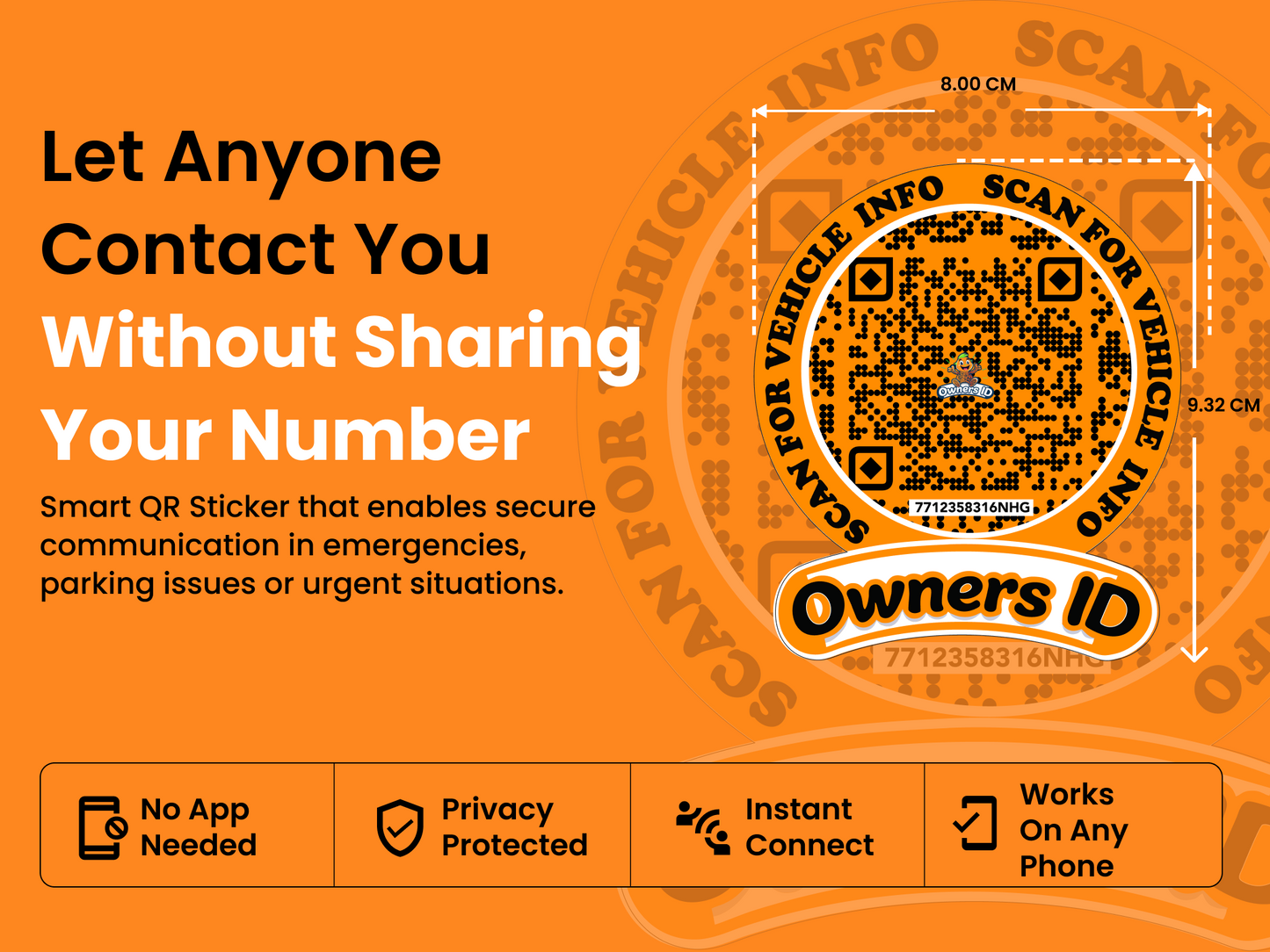 Smart Owners ID QR Car Sticker - Playful Design - Orange (Inside Windshield) | Double-Sided QR Code | Scan to Contact Owner Without Phone Number | Emergency Contact & Vehicle Info Tag