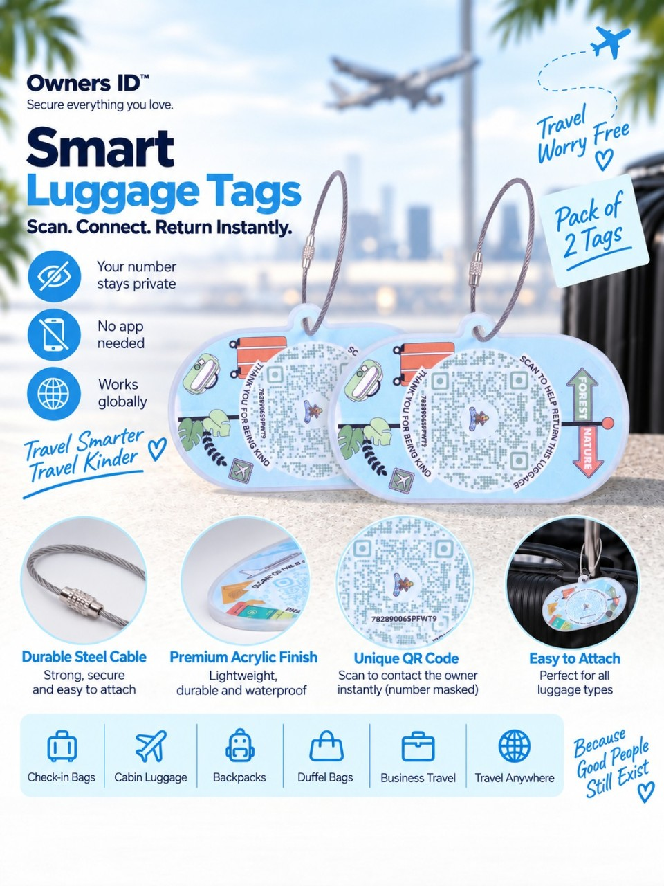 Travel Protection Combo (Solo) - Blue Luggage Tag + 8 Identical Multipurpose Sticker