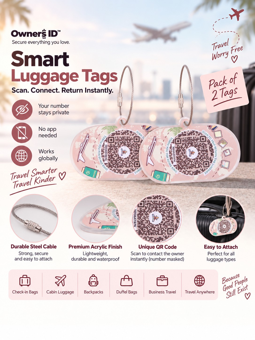 Travel Protection Combo (Solo) - Peach Luggage Tag + 8 Identical Multipurpose Sticker