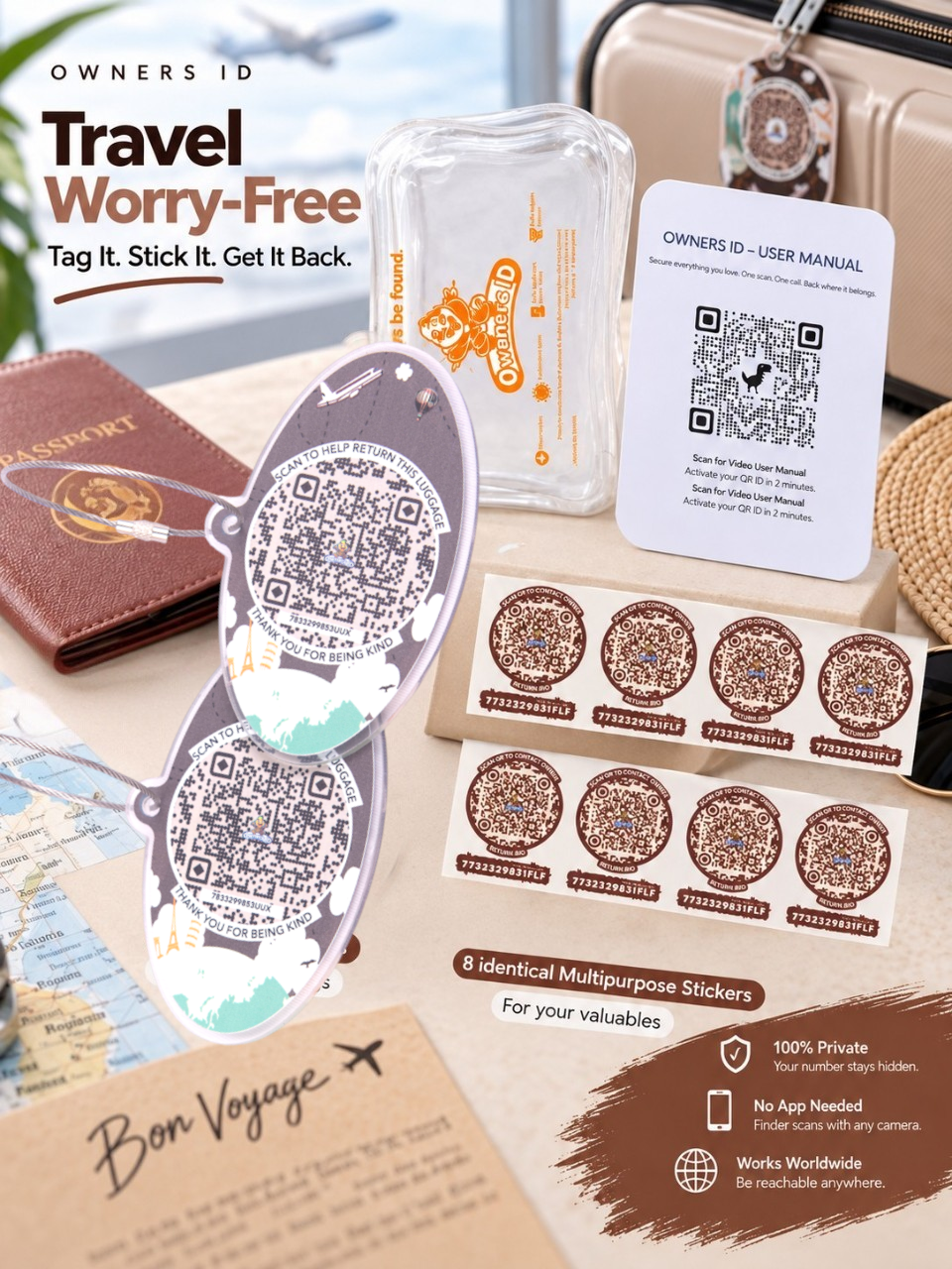 Travel Protection Combo (Solo) - Brown Luggage Tag + 8 Identical Multipurpose Sticker