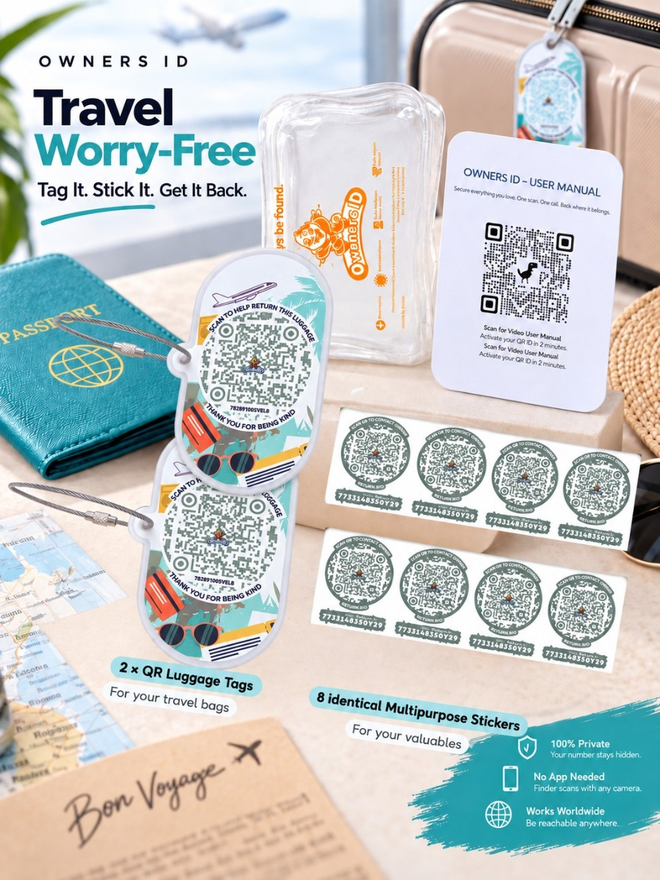 Travel Protection Combo (Solo) - Teal Luggage Tag + 8 Identical Multipurpose Sticker