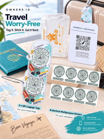 Travel Protection Combo (Solo) - Teal Luggage Tag + 8 Identical Multipurpose Sticker