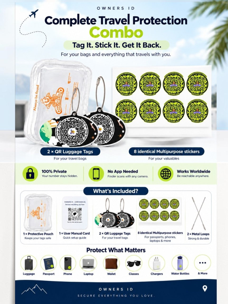 Travel Protection Combo (Solo) - Black Luggage Tag + 8 Identical Multipurpose Sticker