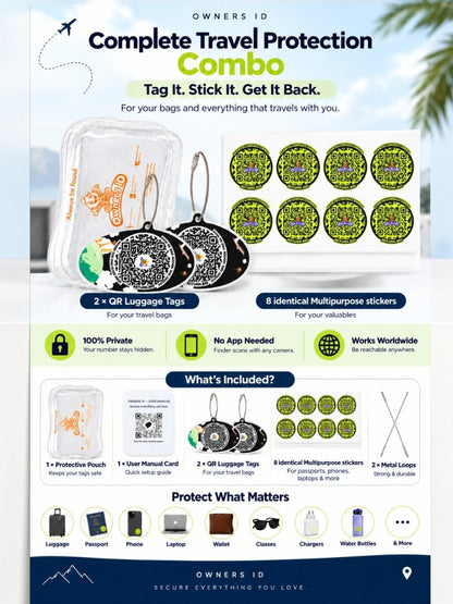 Travel Protection Combo (Solo) - Black Luggage Tag + 8 Identical Multipurpose Sticker