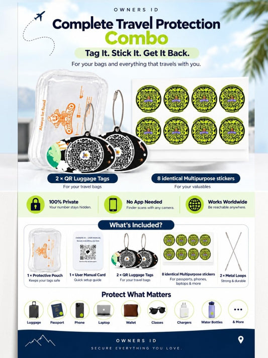 Travel Protection Combo (Solo) - Black Luggage Tag + 8 Identical Multipurpose Sticker