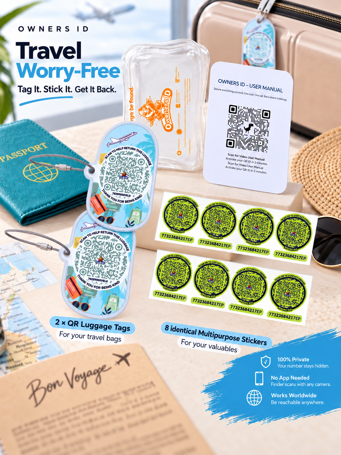 Travel Protection Combo (Solo) - Blue Luggage Tag + 8 Identical Multipurpose Sticker