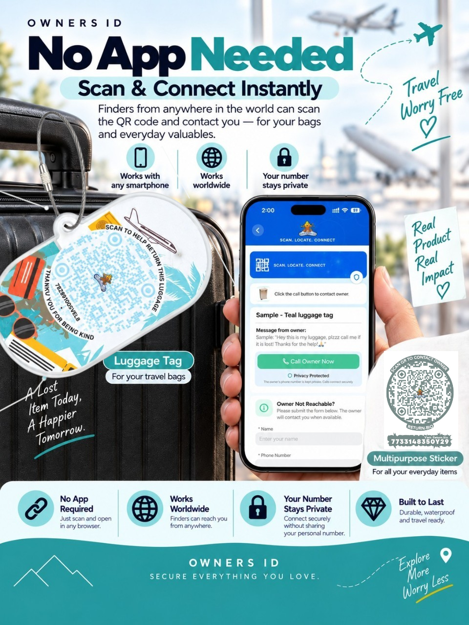 Travel Protection Combo (Solo) - Teal Luggage Tag + 8 Identical Multipurpose Sticker
