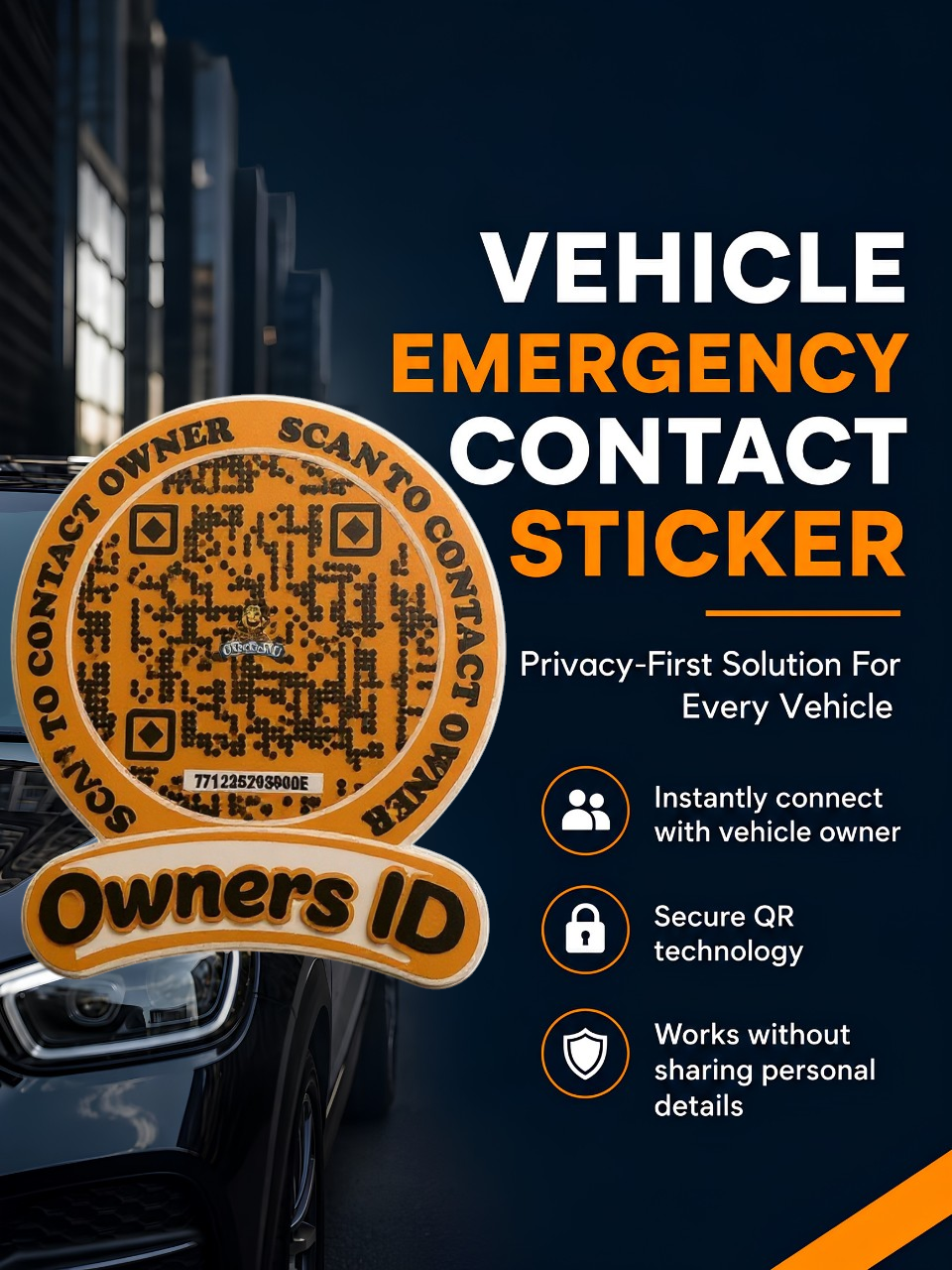 Smart Owners ID QR Car Sticker - Playful Design - Orange (Inside Windshield) | Double-Sided QR Code | Scan to Contact Owner Without Phone Number | Emergency Contact & Vehicle Info Tag