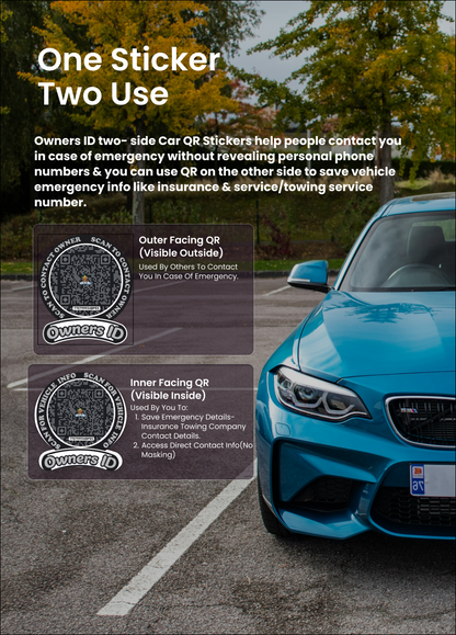 Smart Owners ID QR Car Sticker - Stealth Design (Inside Windshield) | Double-Sided QR Code | Scan to Contact Owner Without Phone Number | Emergency Contact number Sticker & Vehicle Info Tag