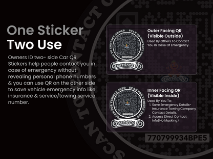 Smart Owners ID QR Car Sticker - Stealth Design (Inside Windshield) | Double-Sided QR Code | Scan to Contact Owner Without Phone Number | Emergency Contact & Vehicle Info Tag