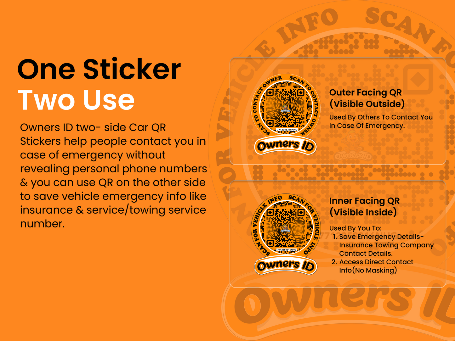 Smart Owners ID QR Car Sticker - Playful Design - Orange (Inside Windshield) | Double-Sided QR Code | Scan to Contact Owner Without Phone Number | Emergency Contact & Vehicle Info Tag