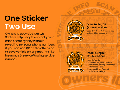 Smart Owners ID QR Car Sticker - Playful Design - Orange (Inside Windshield) | Double-Sided QR Code | Scan to Contact Owner Without Phone Number | Emergency Contact & Vehicle Info Tag