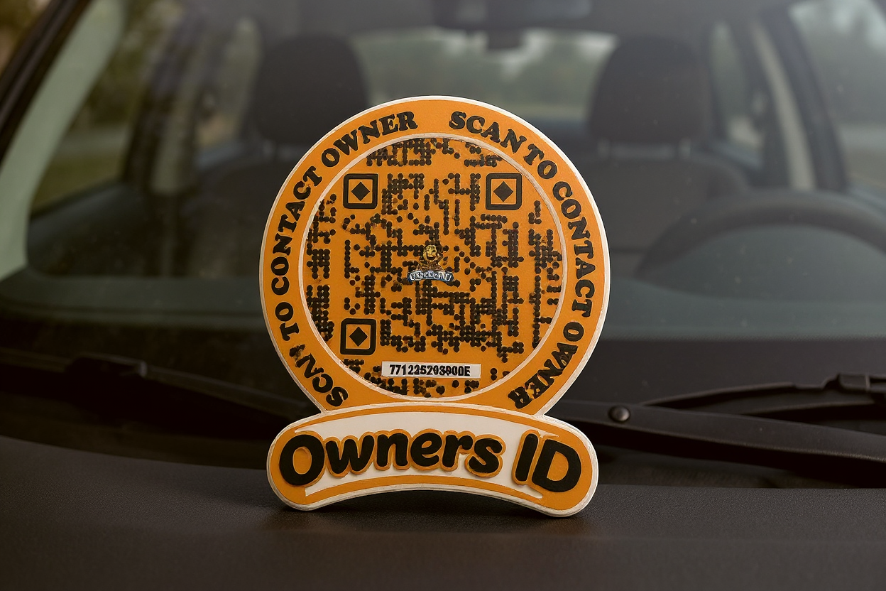 Smart Owners ID QR Car Sticker - Playful Design - Orange (Inside Windshield) | Double-Sided QR Code | Scan to Contact Owner Without Phone Number | Emergency Contact & Vehicle Info Tag